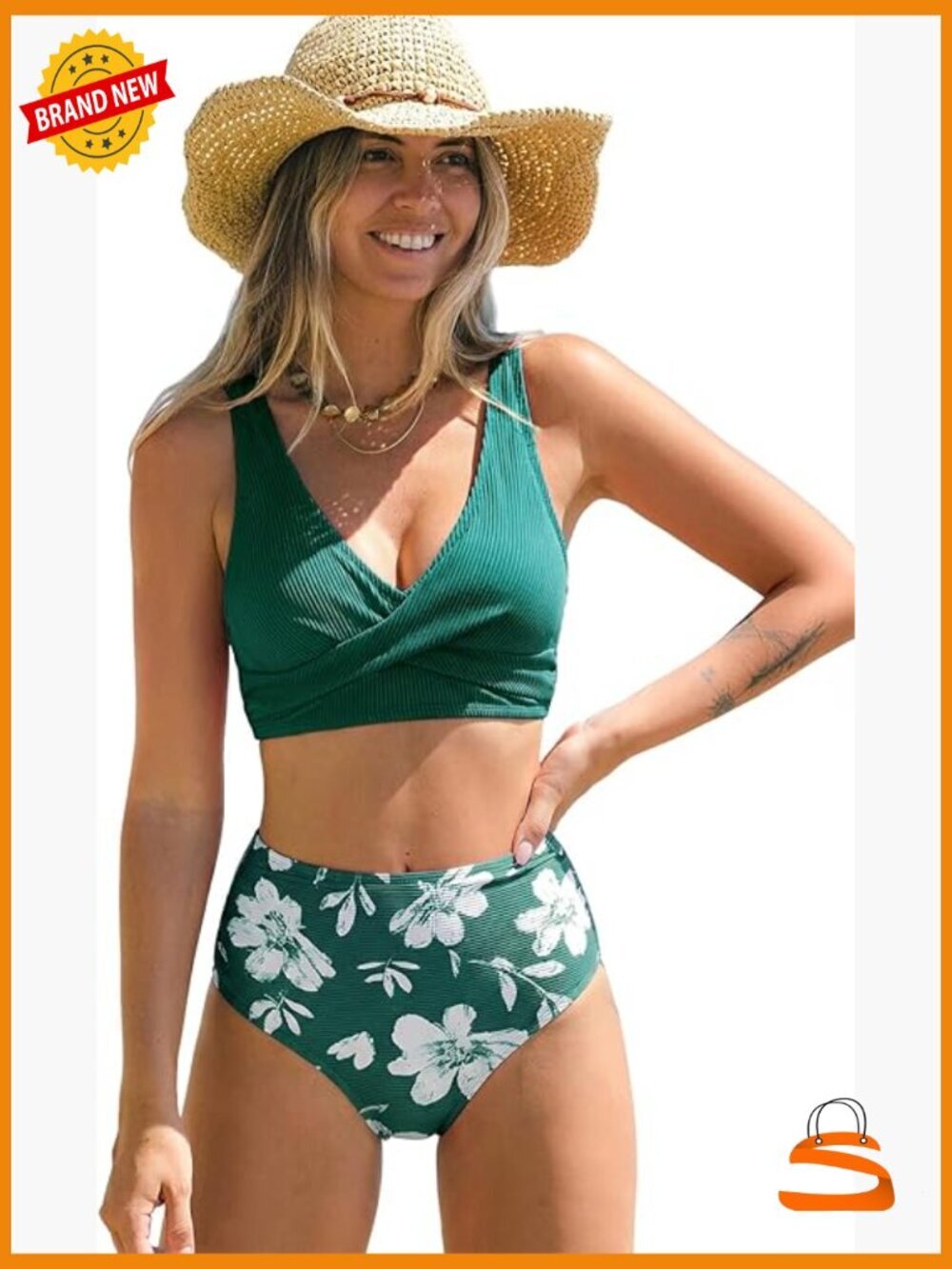 High Waisted Bikini Set V Neck Adjustable Straps Ruched Bottom Swimwear